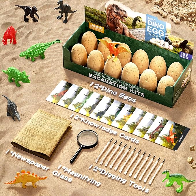 12 Dinosaur Eggs Dig Kit Toys for Kids, Excavation Kit with Magnifier | Easter Basket Stuffers, Science STEM Birthday Party Favors, Gifts for Boys Girls Age 3 4 5 6 7 8 9 10 + Years Old