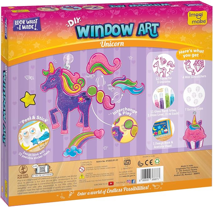 Imagimake Window Art - Unicorn, DIY Mess-Free 16 Pieces Suncatcher Kit | Stained Glass Painting Craft Activity for Kids, Birthday Gift for Girls Ages 5,6,7,8,9,10,12 Years Old