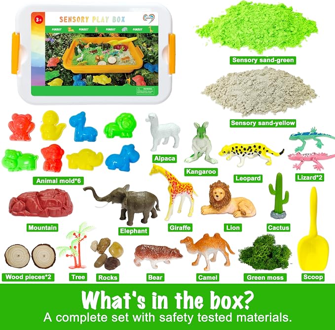 Carolart Jungle Sensory Bin, Animal Sandbox & Sensory Sand Kit | Safari animal habitat play set with wild animal toys, gift for boys and girls ages 3-8, sensory play activity