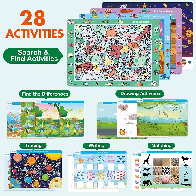 BenBen Search and Find Books for Kids Ages 3 4 5 6 7 8, Dry Erase, Reusable | 28 Pages, Preschool Learning Activities, Travel Game for Road Trip, Fine Motor Skills, Birthday Gift for Kindergartener