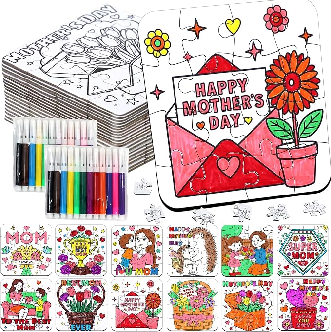 24 Set Mothers Day Crafts for Kids & Adults Classroom Bulk, Mother's Day Activities DIY Jigsaw Puzzle with Flower Bouquet Heart, Spring April Arts for School Gifts Coloring Games & Paper Toy Bulk