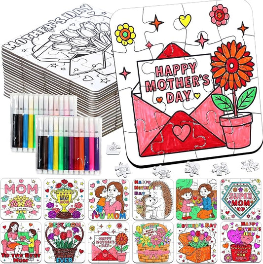 24 Set Mothers Day Crafts for Kids & Adults Classroom Bulk, Mother's Day Activities DIY Jigsaw Puzzle with Flower Bouquet Heart, Spring April Arts for School Gifts Coloring Games & Paper Toy Bulk