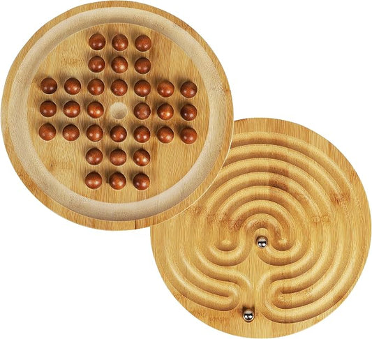 TOWO 2-in-1 Solitaire Labyrinth Board Game, Marble Maze Balancing Toy | Includes 25 cm wooden board and marbles; one-player strategy and balance game with peg solitaire puzzle and maze, age 6+