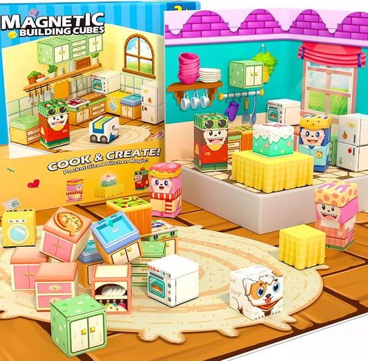Magnetic Blocks - Essential Portable Mini Travel Toys for Kids Ages 3+ | 2-in-1 Creative Building Cubes, Airplane Classroom Sensory Educational Toy with Storage Box, Birthday Gift for Boys Girls