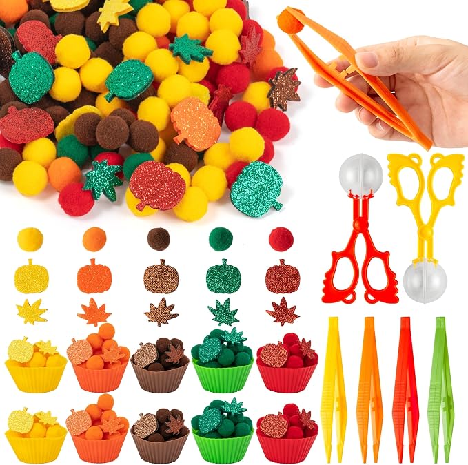 EZdhuawuse Fall Sensory Bin Fillers Toys- 267Pcs Thanksgiving Gifts Fine Sorting Stacking Motor Toys for Kids, Autumn Glitter Felt Maple Leaf Pumpkin Sorting Activity for Preschool Early Development