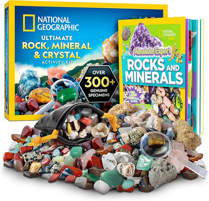National Geographic Rock Collection Box & Rocks and Minerals Expert Book | Real Gemstones, Crystals & Minerals, Absolute Expert Book, Geology Learning, Rock Collection, Storage Box, Birthday Gift