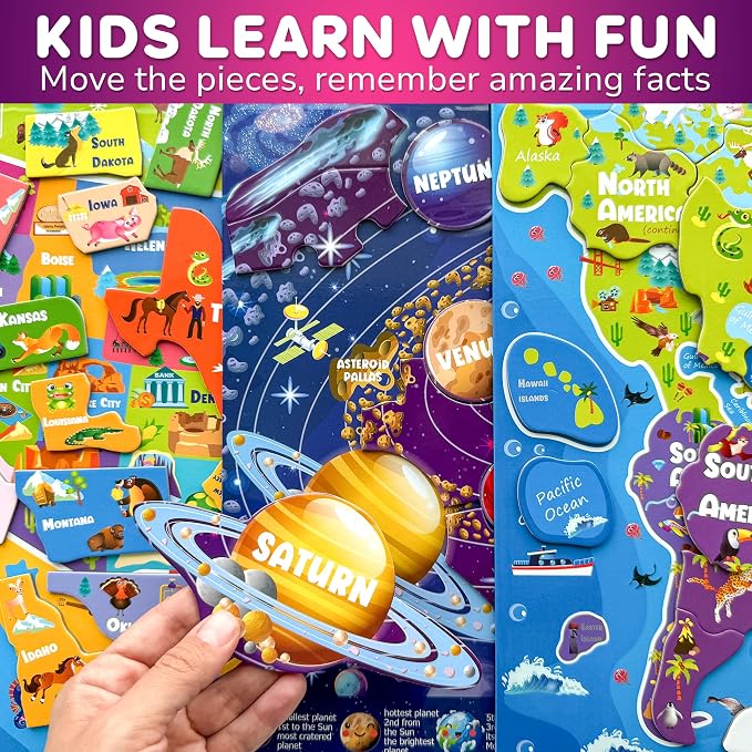 Magnetic Puzzles for Kids Ages 3-5 — 3 Educational Toddlers Puzzle Ages 2-4 | Magnet Space, USA and World Map Kids Puzzles Ages 4-6 — Learning United States Puzzles for Children Ages 6-8