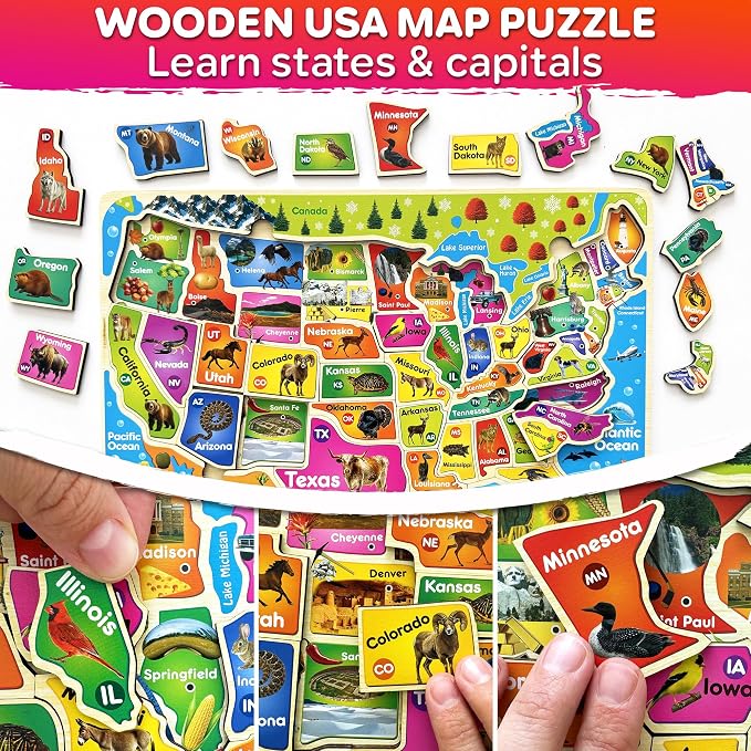 Wooden Puzzles for Kids Ages 4-6 - Toddler Puzzles Ages 3-5 USA & World Map | Montessori Wood Educational Puzzles for Toddlers 2-4 Years Old - Geography Learning Games for Kids 6-8