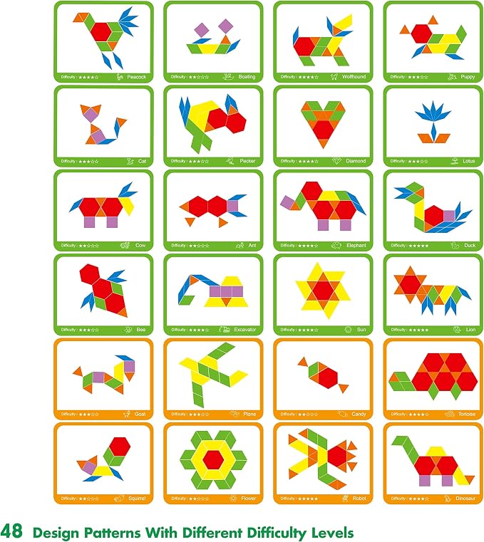 SpriteGru 300 PCS Wooden Pattern Blocks Set for Kids with 24 Double-Sided Design Cards(48 Patterns) and Storage Bag in Gift Box,Fun Montessori Learning Toys