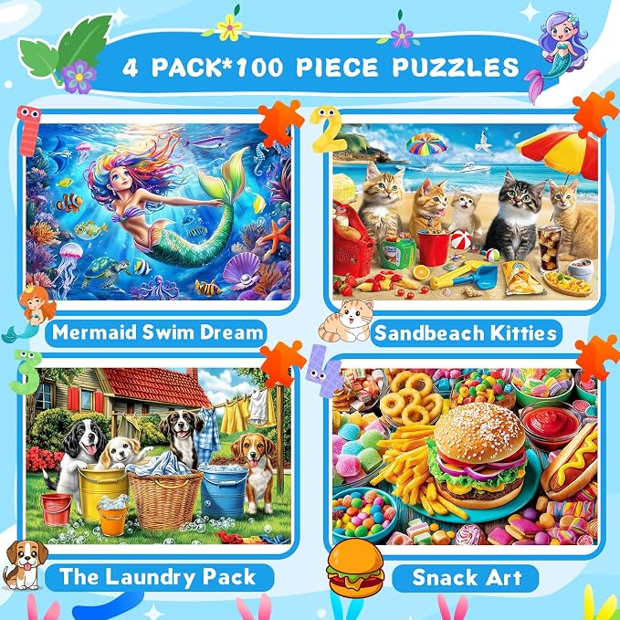 4 Packs 100 Piece Puzzles for Kids Ages 4-6 6-8 8-10, Mermaid Dogs Cats Hamburger Educational Jigsaw Puzzles, Birthday Kids Gifts for Boys Girls Teens Adults Kids Puzzles 4-6 5-8