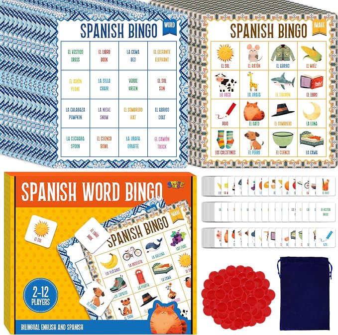 SpriteGru Spanish Bingo Game, 12 Vocabulary Bingo Board Game Bilingual Word Learning Educational Toys for Words Learning - Ages 5 and up (Up to 12 Players)