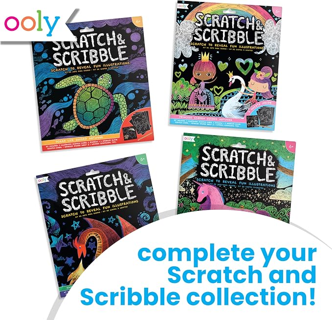 Ooly Scratch & Scribble Art Kit, 8 Cards, Sticker Sheet – Ocean Life | Ages 6+, Wooden Stylus and Stickers Included, Screen-Free Portable Car and Airplane Travel Activity, Gift for Kids
