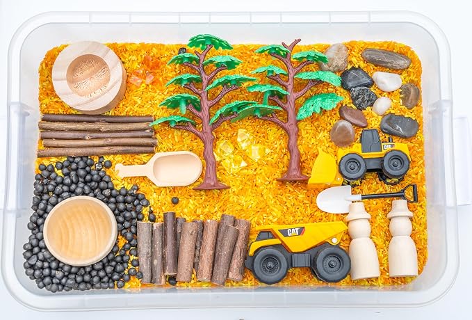 Construction Sensory Bin Kit for Kids | Taste-Safe Rice, Realistic Rocks & Logs, Wooden Tools & Vehicles – Includes Storage Bin – Montessori-Inspired Sensory Play