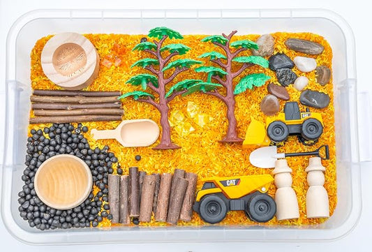 Construction Sensory Bin Kit for Kids | Taste-Safe Rice, Realistic Rocks & Logs, Wooden Tools & Vehicles – Includes Storage Bin – Montessori-Inspired Sensory Play