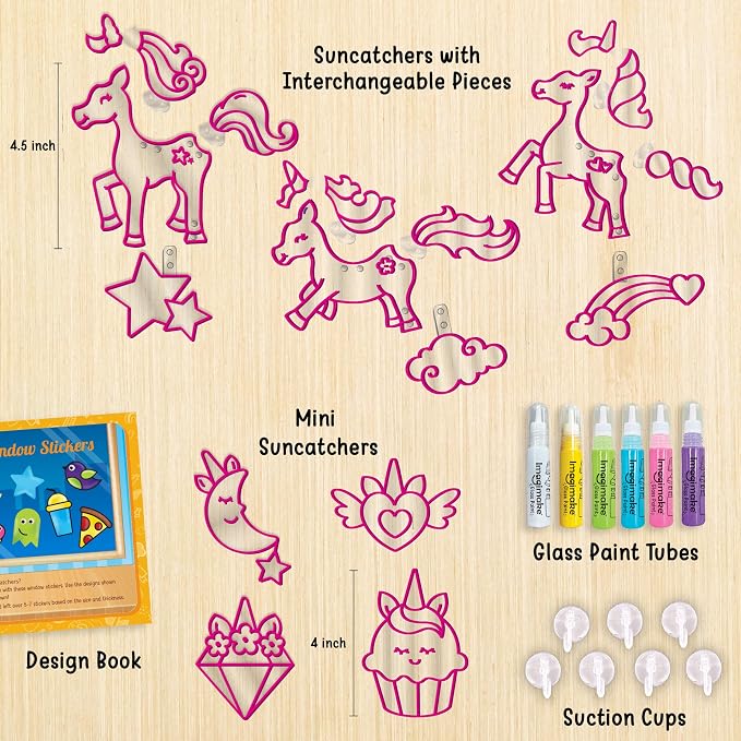 Imagimake Window Art - Unicorn, DIY Mess-Free 16 Pieces Suncatcher Kit | Stained Glass Painting Craft Activity for Kids, Birthday Gift for Girls Ages 5,6,7,8,9,10,12 Years Old