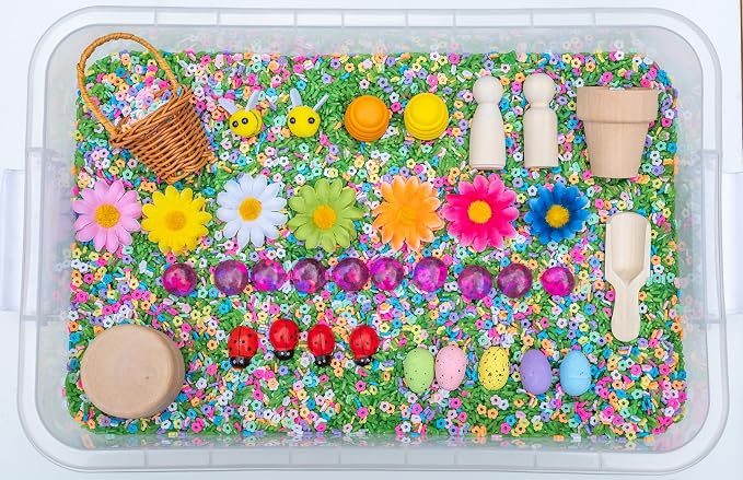 Spring Flower Sensory Bin Kit for Kids | Green Rice, Felt Bees, Wooden Eggs & Ladybugs, Floral Accessories & Wooden Tools – Includes Clear Storage Bin