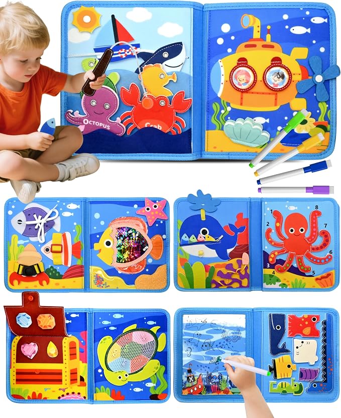 Ocean Busy Board for Toddlers 1-3 - Montessori Learning Toy with Sea Animals & Life Skills, Travel Book for 1 2 3 Year Old Boys Girls, Educational Toddler Toy for Car & Airplane Travel