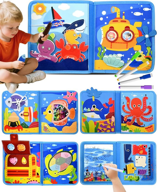 Ocean Busy Board for Toddlers 1-3 - Montessori Learning Toy with Sea Animals & Life Skills, Travel Book for 1 2 3 Year Old Boys Girls, Educational Toddler Toy for Car & Airplane Travel