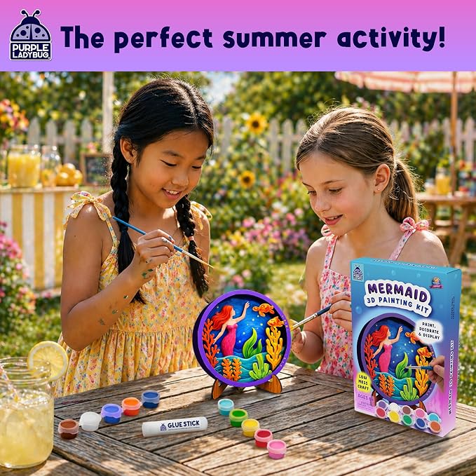 Mermaid 3D Painting Kit - Wooden Painting Crafts for Kids - Craft Kits for Girls Ages 8-12, DIY Crafts Paint Set Art Projects - Arts and Crafts for Girl 6 7 9 11 - Girls Birthday Gifts Age 8-10