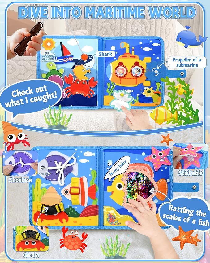 Ocean Busy Board for Toddlers 1-3 - Montessori Learning Toy with Sea Animals & Life Skills, Travel Book for 1 2 3 Year Old Boys Girls, Educational Toddler Toy for Car & Airplane Travel