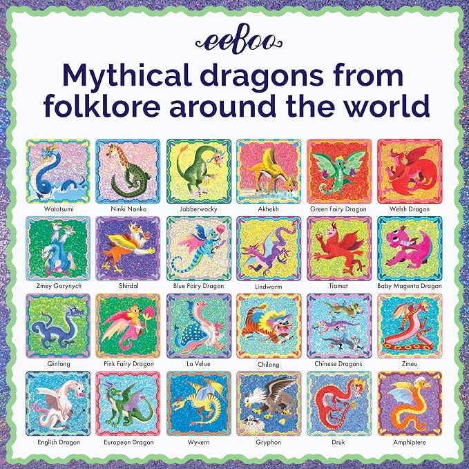 eeBoo Shiny Dragons Memory & Matching Game, Ages 3+, 1-4 Players | Introduces mythical dragons. Sharpens recognition, concentration & memory skills. Includes 48 foil tiles, 24 pairs