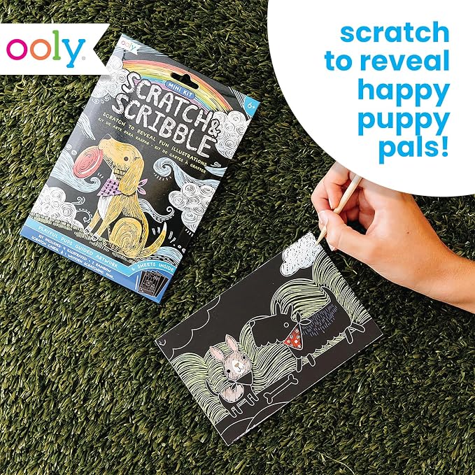 Ooly Mini Scratch & Scribble Art Kit, 6 Cards – Playful Pups | Ages 6+, Wooden Stylus Included, Compact Car and Airplane Travel Activity, Screen-Free Craft, Fun Gift for Kids