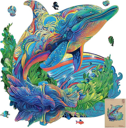 Mys Aurora Wooden Puzzles, Dolphin Jigsaw Puzzles 200 Pieces | Unique Shaped Wooden Puzzles for Adults and Kids, Family Game 11.4x11 Inch