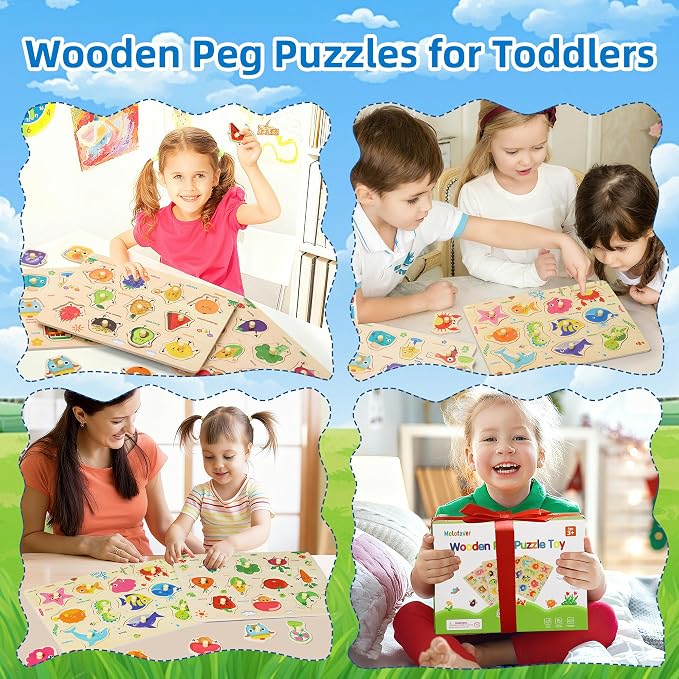 Melofaver 4 PCS Wooden Peg Puzzles for Toddlers, Montessori Kids Puzzle | 4 PCS Toddler Puzzles Set-Fruits, Sea Animals, Home Appliances, Vegetables, Learninng Toys Gift for 3 4 5 Years Boys Girls