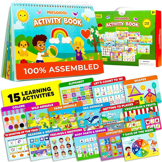 Preschool Busy Book for Toddlers 3-5, Educational Montessori Activity Toy | Preassembled & ready to use, 15 learning activities for 3-5 Year Old Kids, preschool advantage kit, kindergarten workbook
