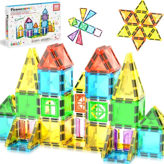 PicassoTiles Magnet Tile Building Blocks 48 Piece Travel Sized Playset with Windows and Clip-on Doors Construction Stacking Magnetic Tiles Block Learning Educational STEM Toy Boys Girls Age 3+ PTM48