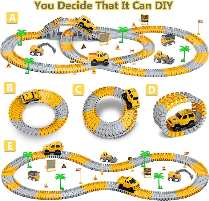 Kids Toys 253 PCS Construction Race Tracks, Create A Engineering Road Game | 5 PCS Construction Truck Cars, DIY Flexible Track Play Set, Birthday Xmas Gifts Toy for 3 4 5 6 7 8 Year Old Boys Girls