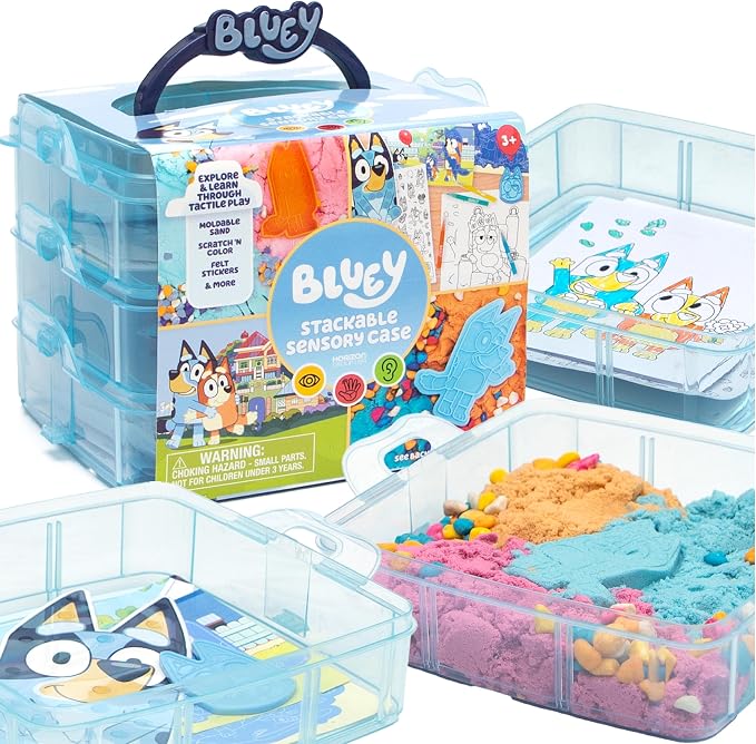 Bluey Stackable Sensory Case, Reusable Sensory Bin with Stickers, Sensory Play Sand Bags, Coloring Activities, Toddler Activities, Sensory Toys, Sensory Toys for Toddlers 1-3