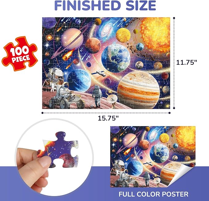 BenBen 100 Pieces Puzzles for Kids Ages 4-6, Outer Space Learning Puzzles | Solar System Puzzles for Kids 6-8, Educational Jigsaw Puzzles for Toddlers 3-5, Screen-free Activity Gift for Boys Girls