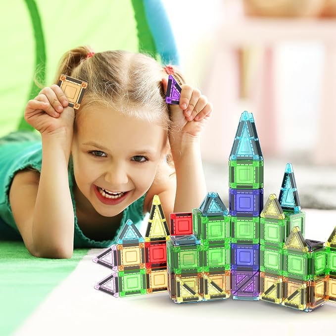 PicassoTiles 40 PCS Mini Magnetic Tiles Travel Toy Educational Building Set | BPA-free plastic construction, age 3+ STEM learning, hand-eye coordination, compact storage box, portable geometric blocks