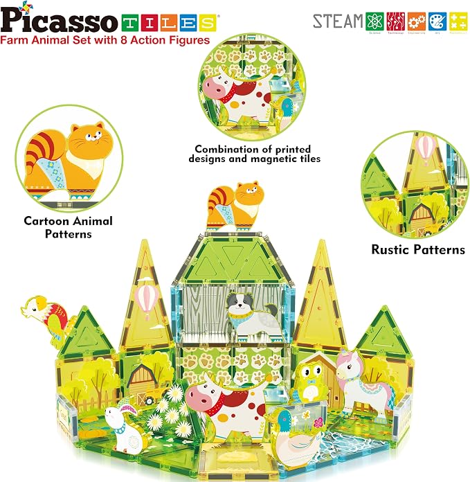 PicassoTiles Magnetic Tile Farm Animal Building Playset with 8 Character Figures STEM Construction Toy for Kids Age 3 Plus Educational Pretend Play Learning Blocks Farmyard Creative Activity Kit PTQ17