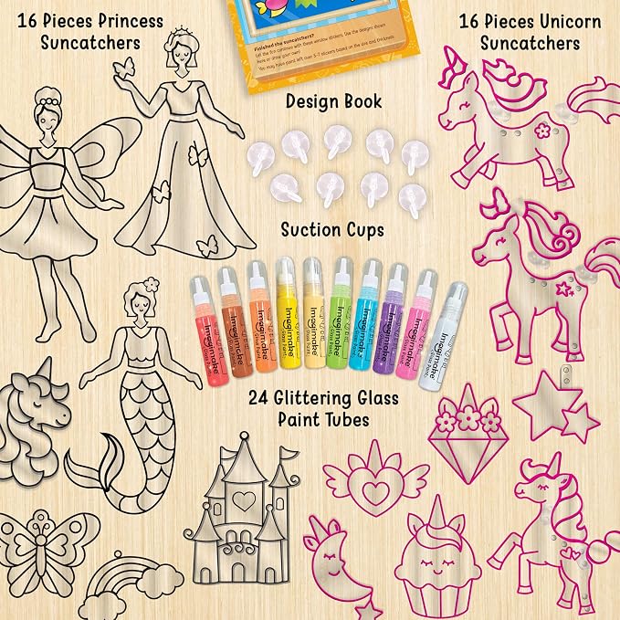 Imagimake Window Art - Princess & Unicorn, DIY Mess-Free Suncatcher Kit | Stained Glass Painting Craft Activity for Kids, Birthday Gift for Girls Ages 5,6,7,8,9,10,12 Years Old