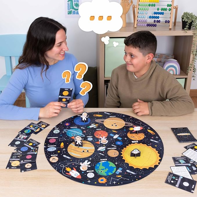 BONNYCO Giant Floor Puzzles for Kids Solar System with 70 Large Pieces. Round Space Puzzle with Planets, 23 x 23 in, 15 Cards, 4 3D Figures, Guide. Learning Gifts, Toys for 4 Year Old Boys | With 15 cards and 4 figures. Round Puzzle 58 x 58 cm, Guide I...