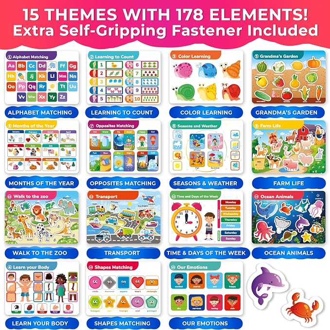 Montessori Busy Book for Toddlers 3-5 — Learning Toys for Kids 1-3 and 2-4 | Velcro Busy Book with Preschool Learning Activities for 1 year old — 15 Themes with 178 Elements — Homeschool Educational Toy