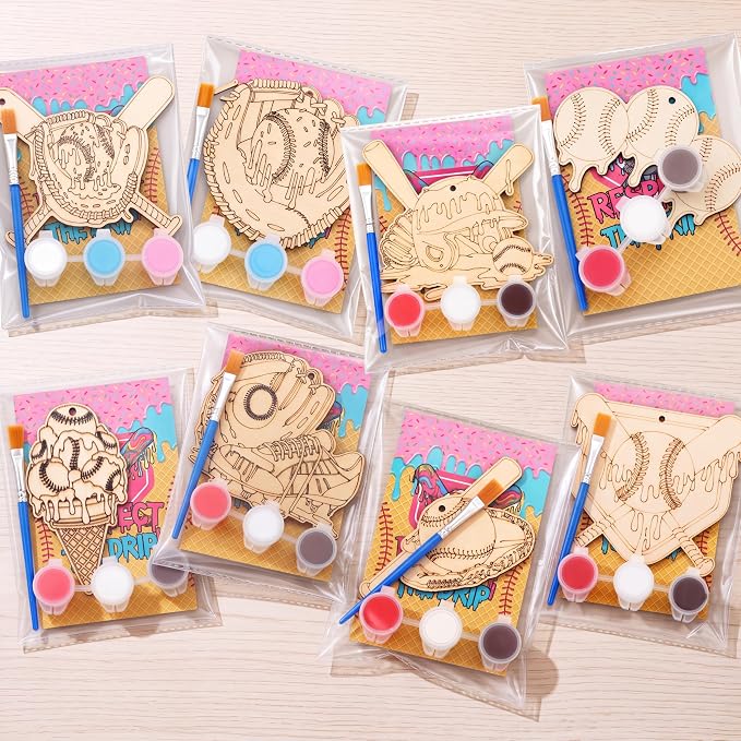 Saypacck 24 Pcs Ice Cream Drip Baseball Party Favors Wooden Paint Craft Kit | Birthday Party Supplies with Paint Brushes, Wooden Craft for Goodie Bag Fillers, Thank You Gifts with Organza Bags