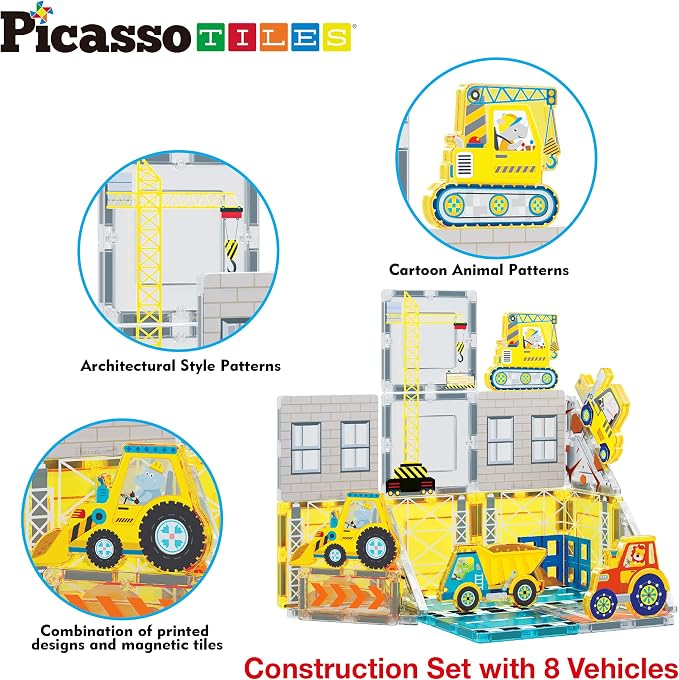 PicassoTiles Magnetic Tile Construction Set with 8 Vehicle Figures and 18 Printed Panels STEM Educational Building Kit for Kids Age 3 Plus Creative Play Learning Blocks Motor Skills Development PTQ21