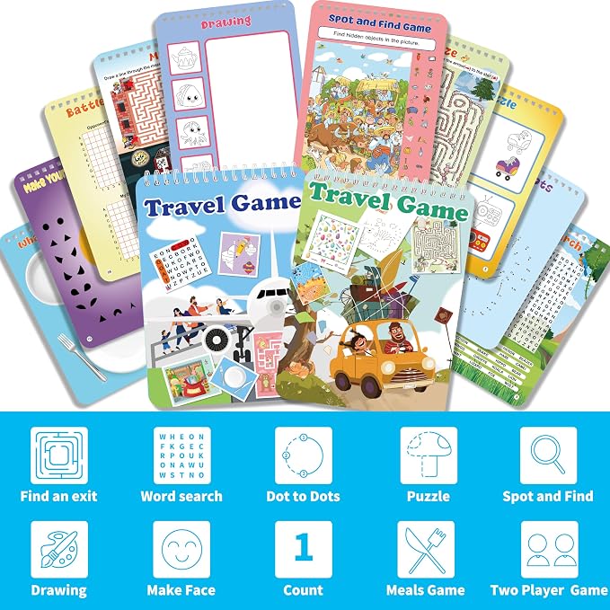 Elfew 2 Pack Reusable Travel Games Activity Books for Kids Ages 4-8, 8-12 | Include 2 Markers, 56 Different Brain Games, Waterproof, Spiral Binding, Toy & Learning Tool for Road Trip Airplane Activity