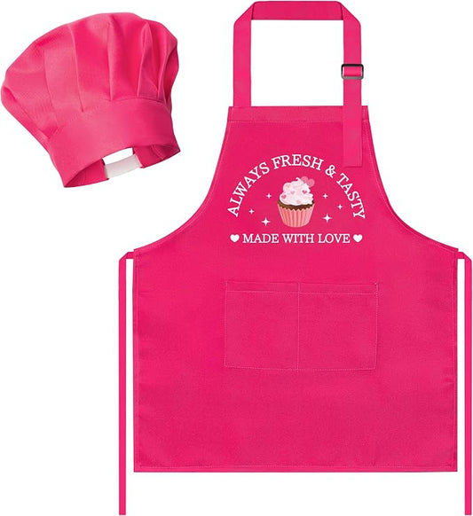R HORSE Kid Apron and Chef Hat Set 2Pcs Adjustable Pink Children Kitchen Apron, Dress up Role Play Chef Toy Funny Cooking Baking Painting and Training Kits for Kids Birthday Holiday Gift