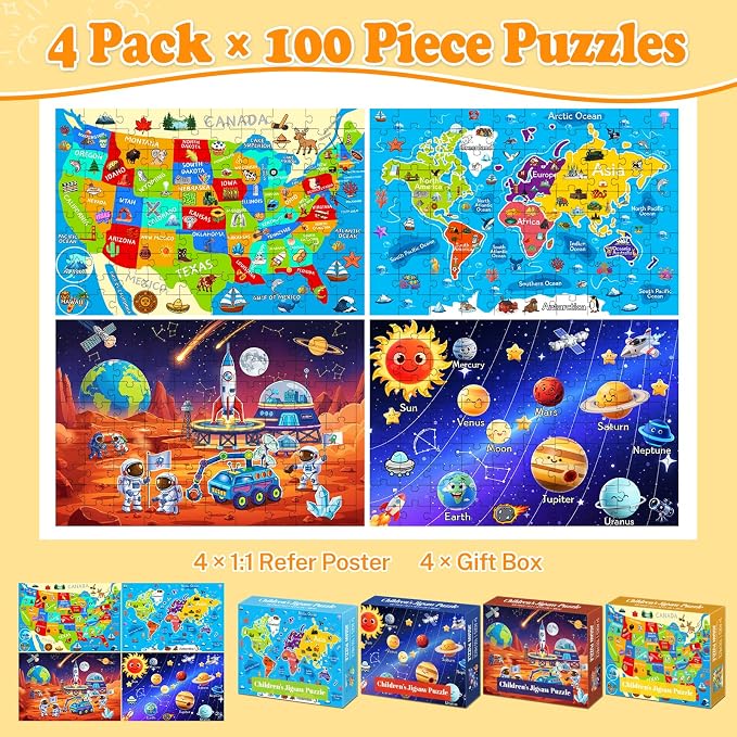 4 Packs 100 Piece Puzzles for Kids Ages 4-6 6-8 8-10, USA World Map Kids Puzzles Ages 3-5 4-6 5-8, Solar System Mars Adventure 100 Piece Puzzle for Adults Seniors, Educational Jigsaw Puzzles 15"x10"