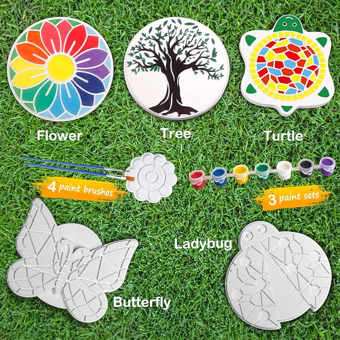 Weilim Paint Your Own Stepping Stones, 5-Pack DIY Garden Craft Kit for Kids | 5 Ready-to-Paint Ceramic Garden Stones + Paints & Brushes; Shapes Butterfly, Turtle, Flower, Tree, Ladybug; No Baking Needed