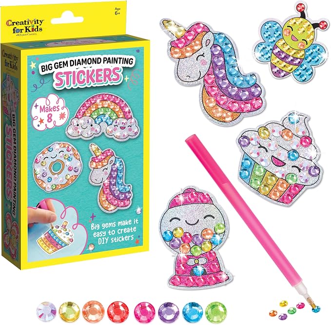 Creativity for Kids Big Gem Diamond Painting Stickers Mini Craft Kit: Create 8 Gem Art Stickers - DIY Kids Diamond Painting Kit, Unicorn Crafts for Girls, Screen Free Summer Activities (Ages 6+)