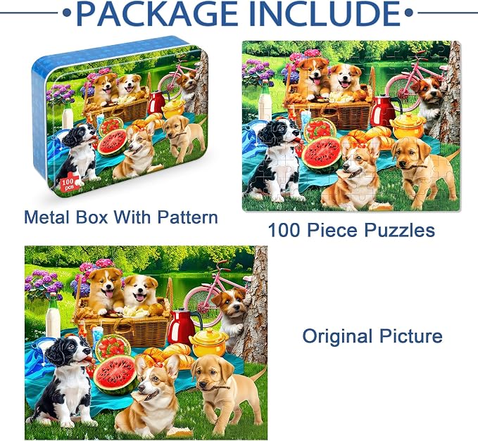LELEMON Puzzles for Kids Ages 4-6,Dogs 100 Piece Puzzles for Kids Ages 4-8 in a Metal Box,Educational Jigsaw Puzzles 100 Piece Puzzle Games Puzzle Toys for Girls and Boys