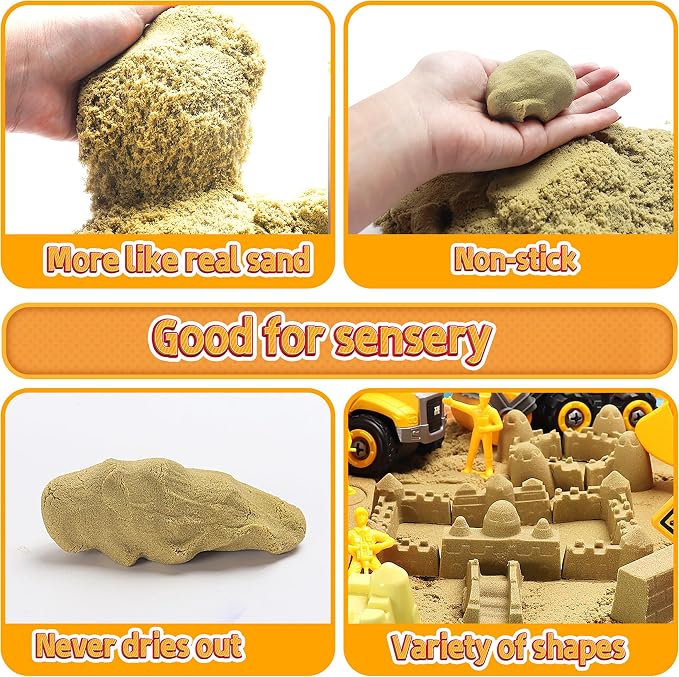 YIDESTARS Sensory Bin – Large Take Apart Trucks for Toddlers 3+ | 2.2lbs sensory sand, 4 trucks (dump/excavator/bulldozer/mixer), 8 figures, road signs, 8 molds, gift for boys girls