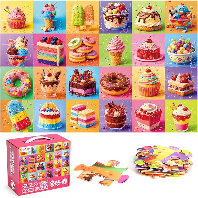 BenBen Floor Puzzles for Kids Ages 4-6, 2 x 3 Feet Dessert Party Puzzle | 48 Pieces Extra-Thick Large Piece Jumbo Jigsaw Puzzle for Toddlers, Preschool Educational Toy with Storage Box for Girls Boys