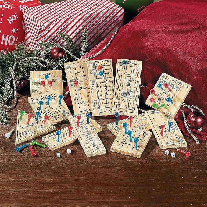 Fun Express Wooden Board Games Set 12 Pack | Classic Travel Games for Kids & Adults, Mini Peg Board Games, Checkers & Tic Tac Toe, Portable for Road Trips & Camping