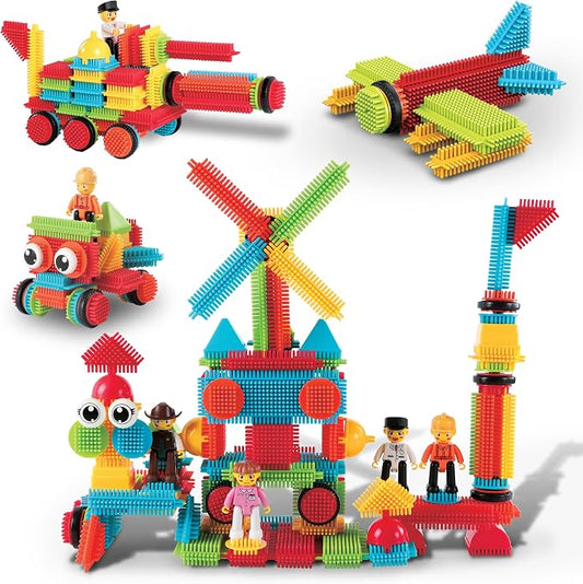 PicassoTiles 116 Piece Hedgehog Building Blocks, STEM Toy Set Kids Ages 3+ | soft interlocking bristle tactile construction, 4 action figure characters, decorative eyes, early educational creative play